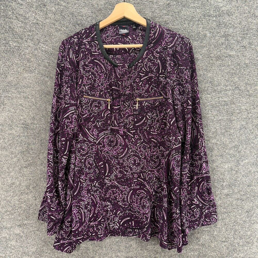 Rafaella Blouse Women S Small Purple Geometric V-Neck Long Sleeve Zipped Pockets